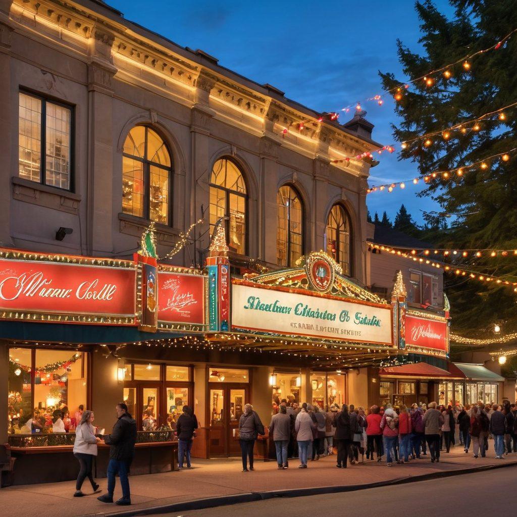 A lively scene outside Mount Baker Theater, showcasing diverse community members enjoying a local event, with colorful banners and cultural displays. The backdrop features the iconic theater facade lit up at dusk, surrounded by festively decorated trees and cheerful people engaged in various activities. The atmosphere is vibrant and full of energy, capturing the essence of community spirit and local culture. super-realistic. vibrant colors. evening lighting.