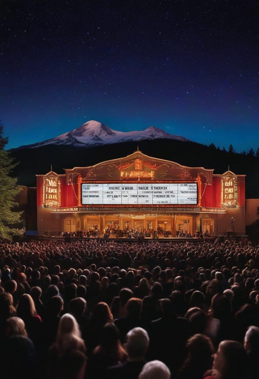 A vibrant theater scene showcasing an electric atmosphere, featuring people of diverse backgrounds in formal attire, eagerly awaiting a musical performance at Mount Baker. In the foreground, a classic marquee lights up with the title 'From Drama to Musicals,' set against a backdrop of the majestic Mount Baker, twinkling stars above, and colorful stage lights spilling onto the crowd. Illustrate the excitement and emotion of live theater, capturing the blend of drama and music. super-realistic. vibrant colors. cinematic.