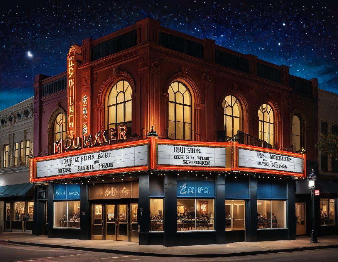 A vibrant scene of the Mount Baker Theater, beautifully lit with colorful stage lights, showcasing performers in dynamic action on stage, while an enthusiastic audience watches in awe. Emphasize the intricate architectural details of the theater exterior and a night sky filled with stars. Include a sense of energy and excitement in the atmosphere. super-realistic. vibrant colors. night setting.